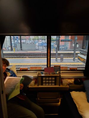 Ready to leave; what does that sign say out on the platform?